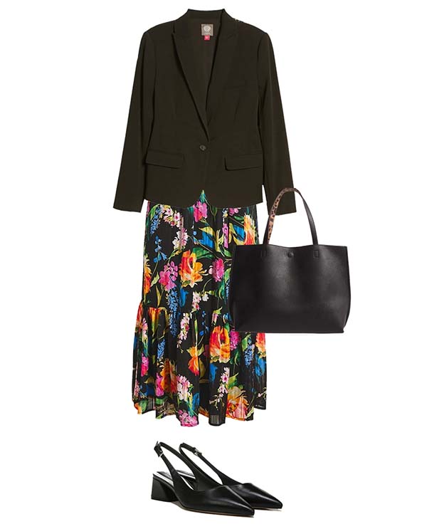 work blazer over floral dress outfit fountainof30