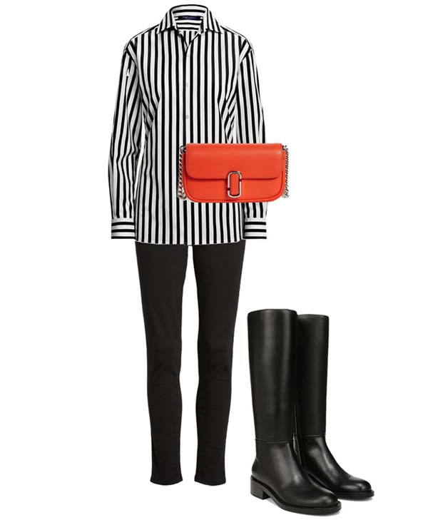 black white stiped shirt tunic style wioth boots