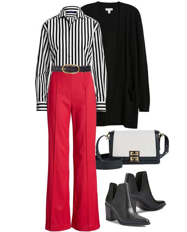 striped shirt red pants black cardigan outfit fountainof30