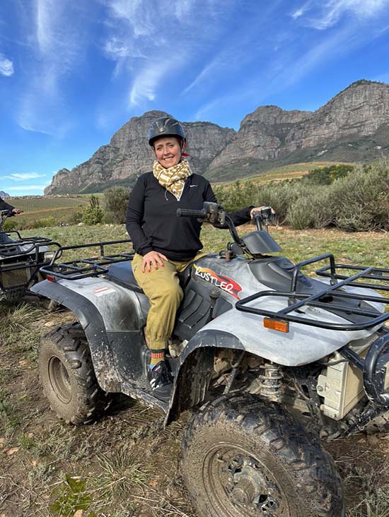 jacqueline zenn on an ATV in the Wine Lands cape town fountainof30