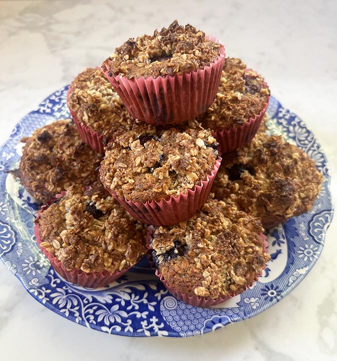 plate of Blueberry Oatmeal Muffins high protein healthy fountainof30