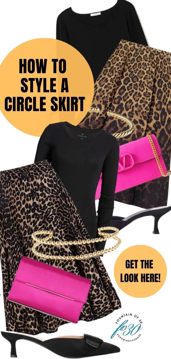 leopard print circle skirt outfit for women over 50 high low fountainof30