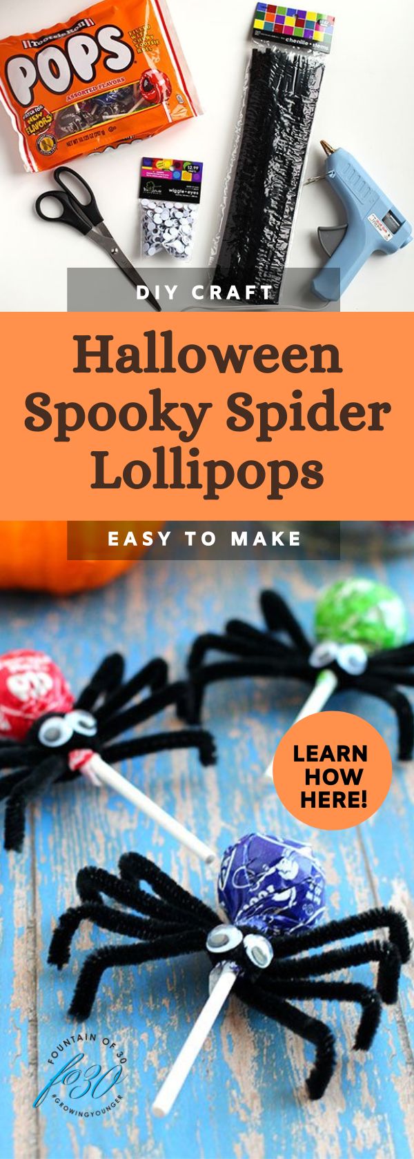 lollipop pipe cleaner leg spider treats for halloween fountainof30