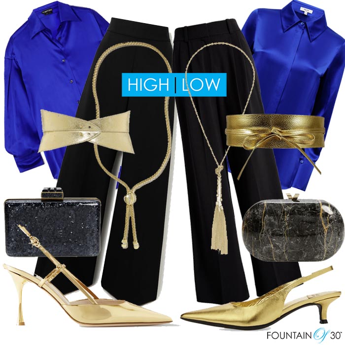 fall wedding guest outfit blue blouse black pants gold fountainof30