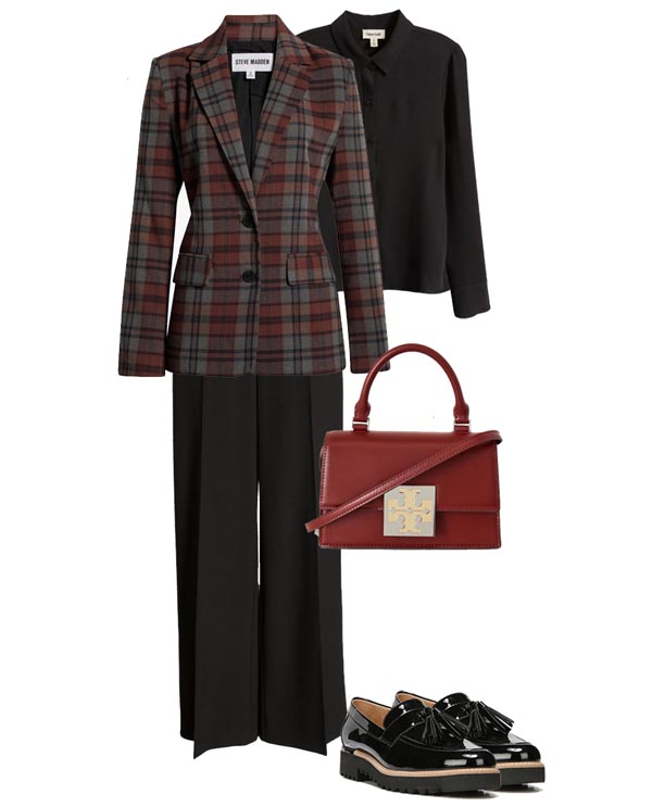 plaid blazer black pants outfit fountainof30