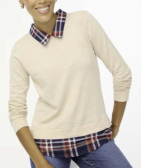 j.Crew cream and plaid collar mixed media sweater fouuntainof30