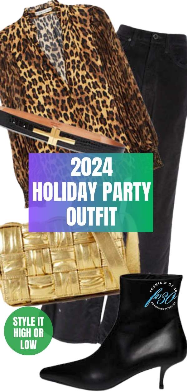 leopard top black pants holiday party outfit 2024 fountainf30