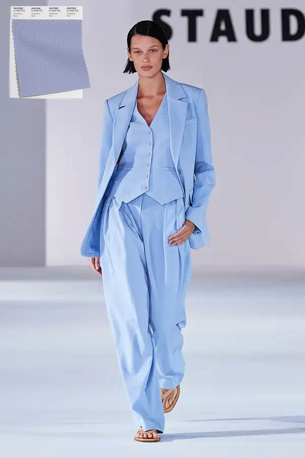 Chambray Blue 3 piece pant suit at Staud spring 2024 runway