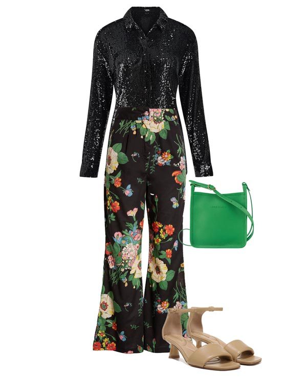 black sequin shirt floral pants outfit fountainof30