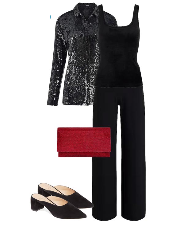 black sequin shirt as a jacket over pants fountainof30
