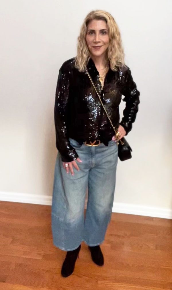 lauren dimet waters sequin top and barrel jeans fountainof30