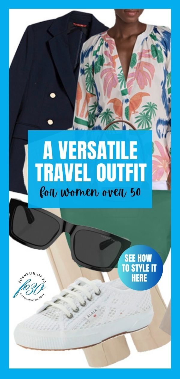 Travel Outfit for Women Over 50 blazer print blouse track pants sneakers fontainof30