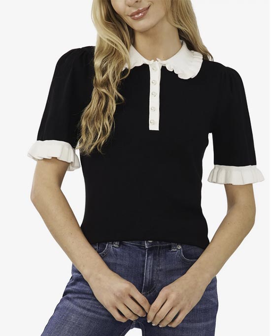 black polo with white ruffles and pearls spring trend fountainof30