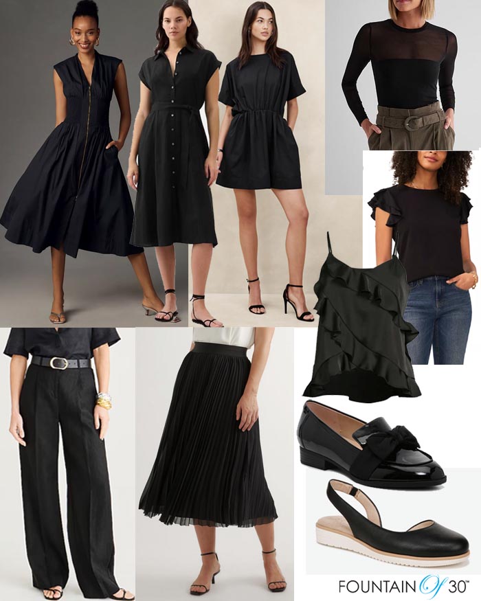 basic black dresses tops pants skirts shoes fountainof30