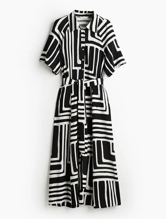 black and white print H&M Tie-belt Shirt Dress 
