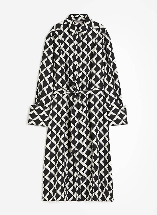 black and white geo print Tie-belt Shirt Dress