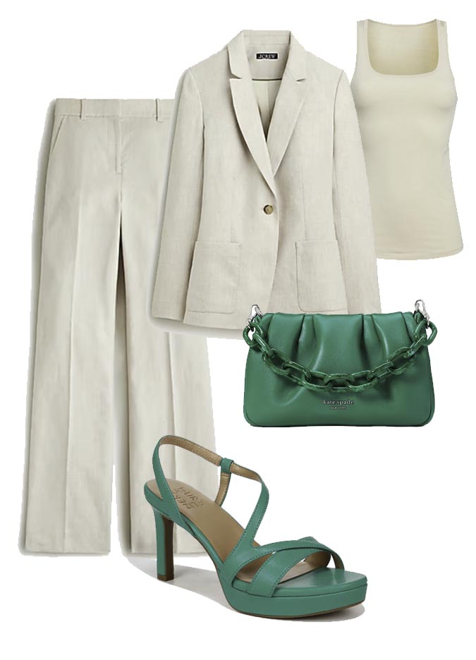 neutral suit with mnt green accessories fountainof30