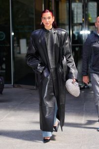 Dua Lipa in black leather oversized maxi coat fountainof30