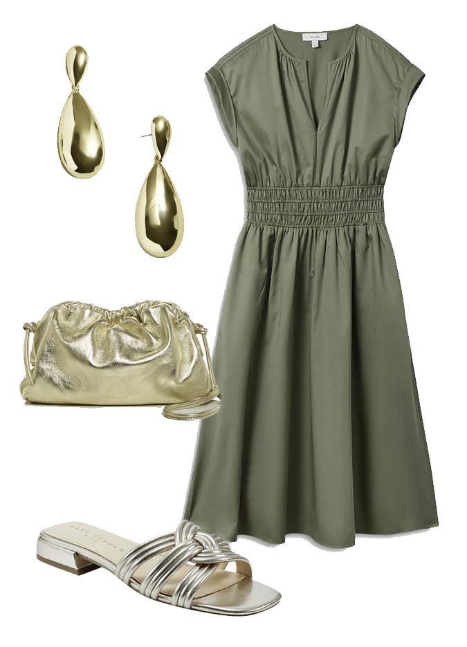 watercress green dress with gold accessories fountainof30