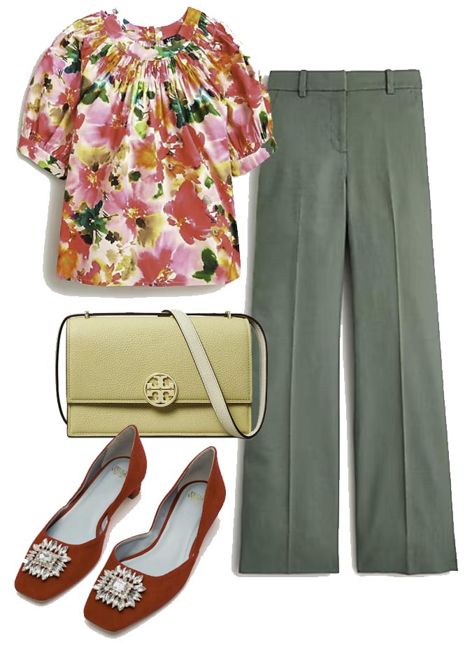 print top with watercress pants yello bag red shoes fountainof3p