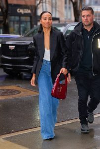 Zoe Saldana oversized jacket and pants celeb style fountainof30