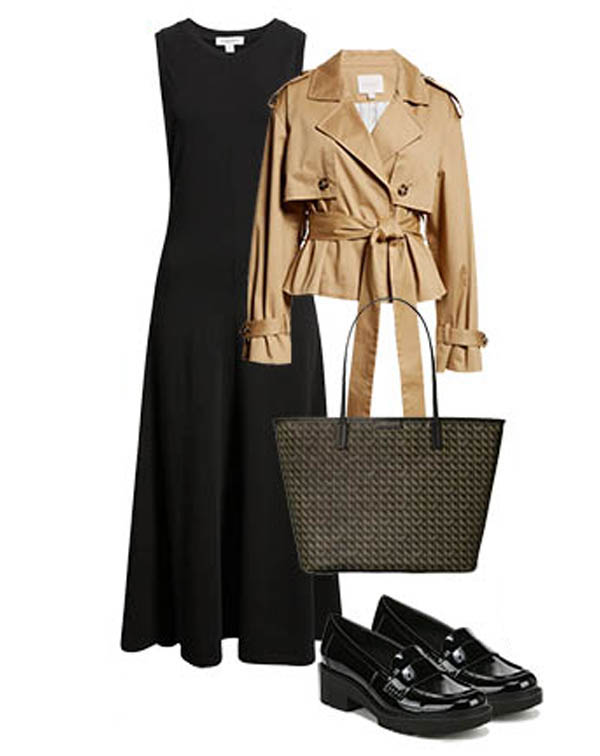 black dress outfit transition summer to fall work fountainof30