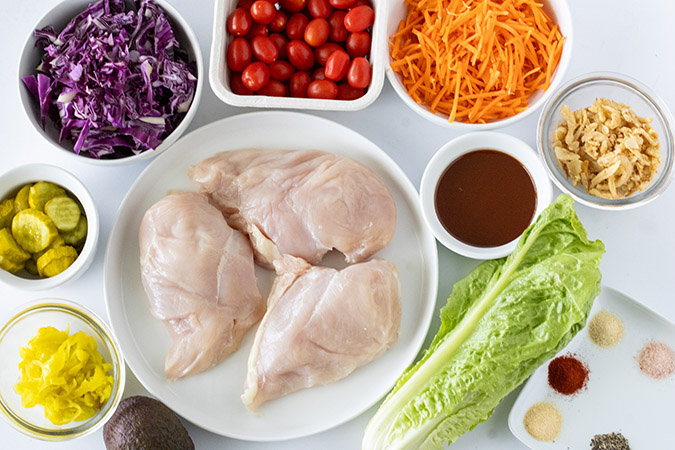 BBQ Crisscross Chicken Salad ingredients birds eye view fountainof30