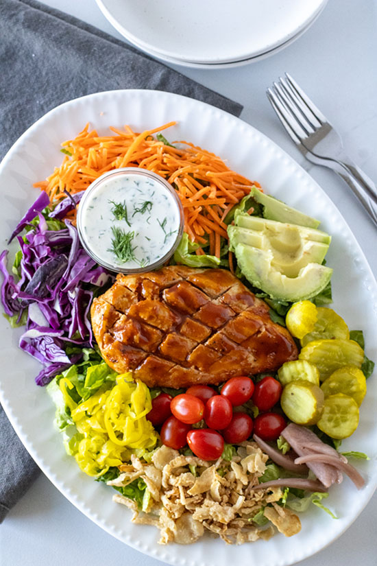BBQ Crisscross Chicken Salad and vegetables ranch dressing serving platter