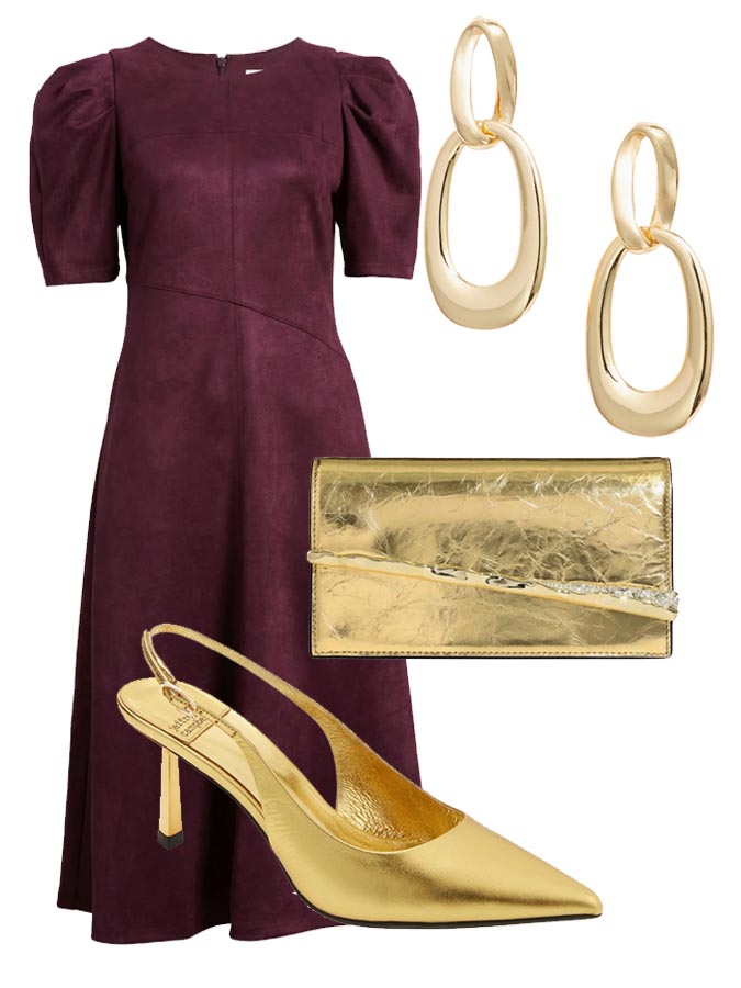 plum dress with god accessories outfit fountainof30