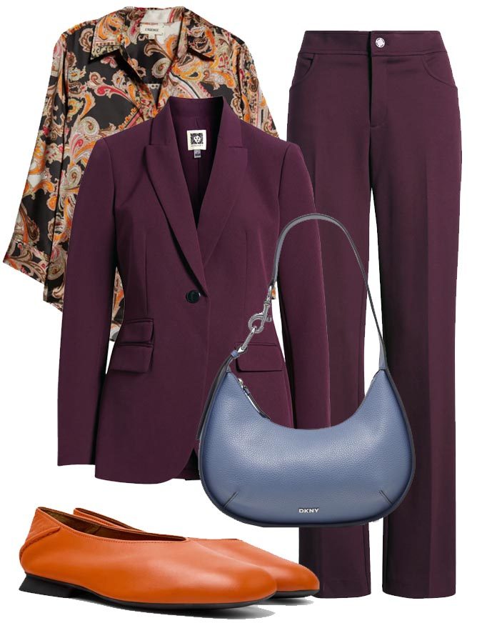 plum jacket pant with mix of colors fountainof30 outfit idea