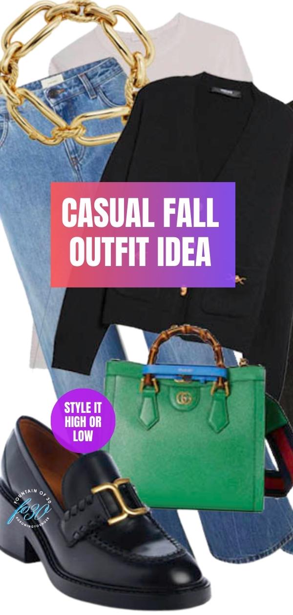 cardigan sweater, jeans, loafers and green bag outfit for women over 50 fountainof30