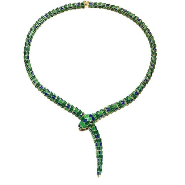 Emerald Cubic Zirconia Green Enamel Coiled Serpent Necklace fountainof30