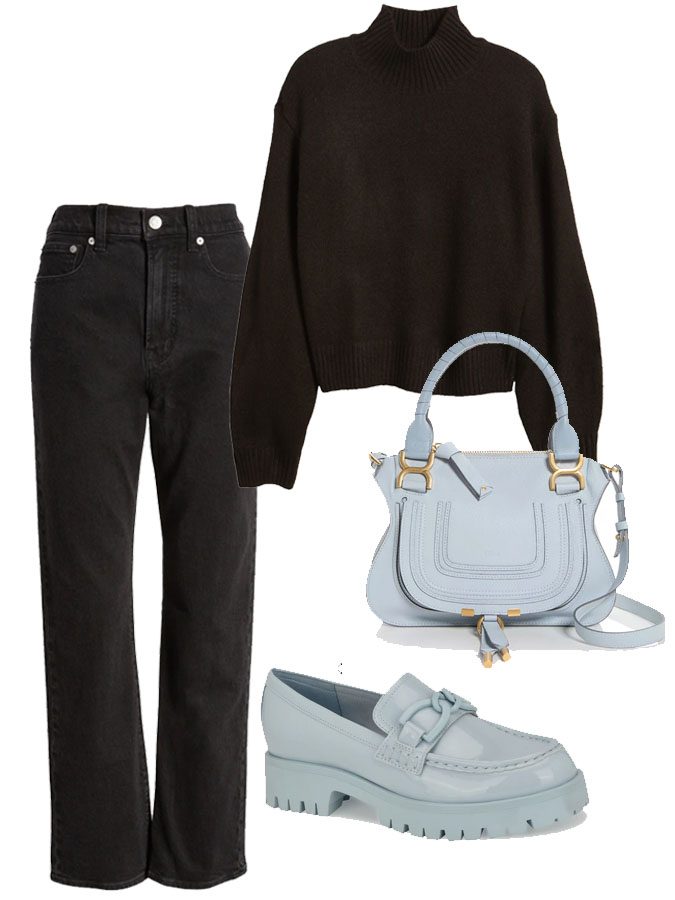 winter sky blue grey shoes and handbag with black turtleneck and jeans outfit fountainof30