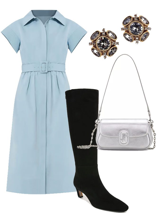 winter sky blue grey dress outfit idea black boots silver bag fountainof30