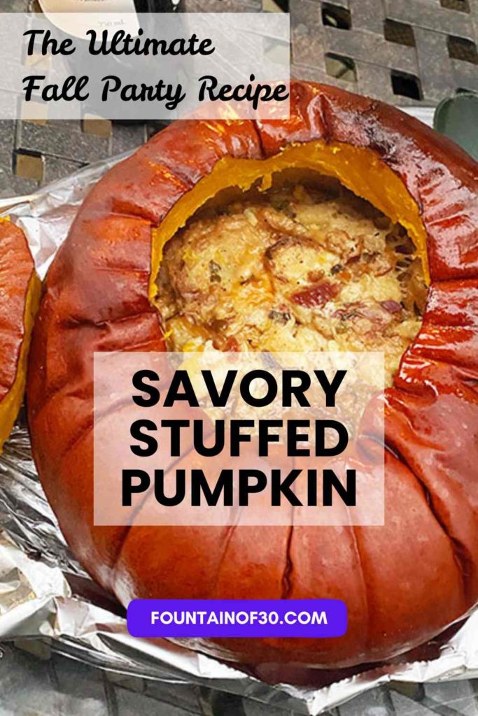 Amazing one-dish fall dinner idea: hollowed pumpkin packed with bread, bacon, cream, herbs & cheese, baked to perfection. A crowd-pleaser for holiday meals. #stuffedpumpkin #fallfood #pumpkinrecipe #holidaycooking #comfortfood #seasonalrecipes