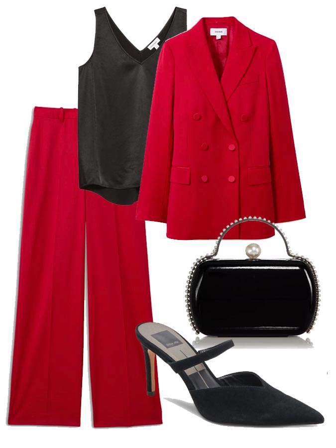 red Tuxedo Suit Outfit for women over 50 fountainof30
