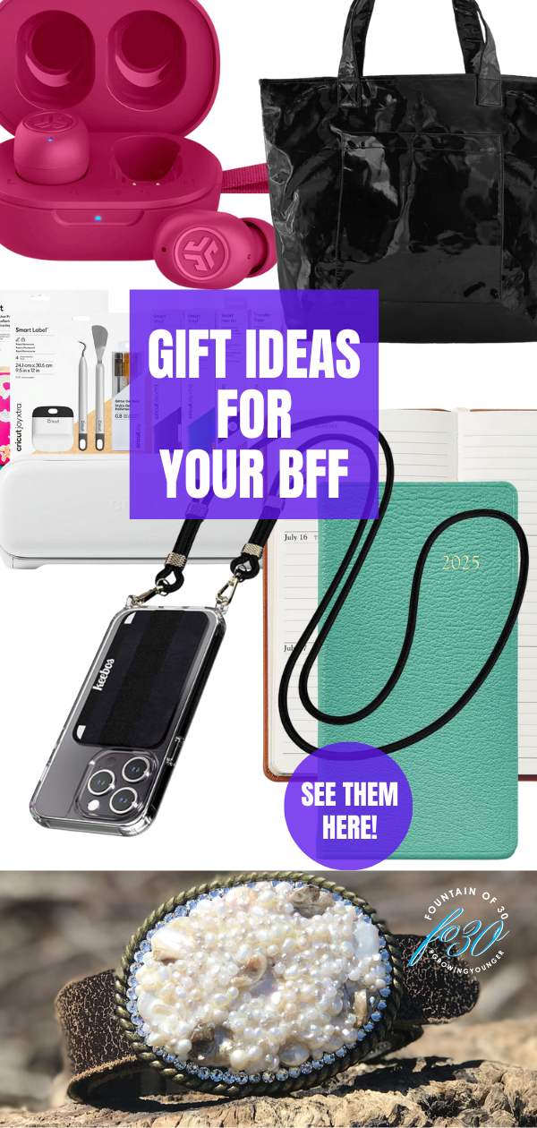 gift ideas for your bff earbuds, tote bag, phone case, calendar, belt fountainof30