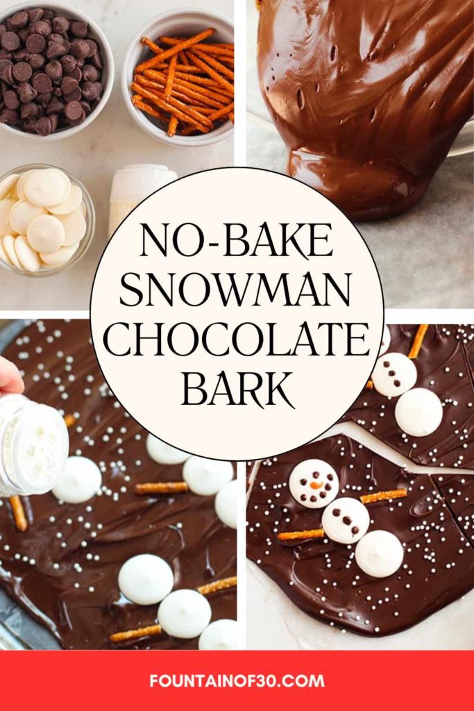 Looking for a quick homemade holiday candy idea? This Snowman Chocolate Bark recipe is charming, fun to make, and ideal for hostess gifts or classroom treats. Pin now, make later! #HolidayBaking #SnowmanTreats #FestiveFood