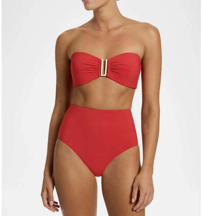 Bold Red Bandeau High-Waisted Bikini