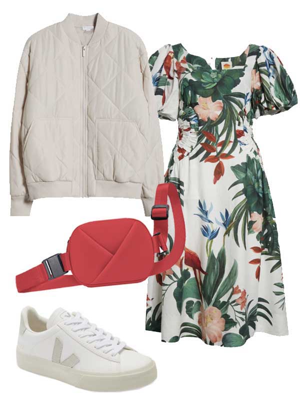 sporty jacket with floral dress and sneakers outfit fountainof30