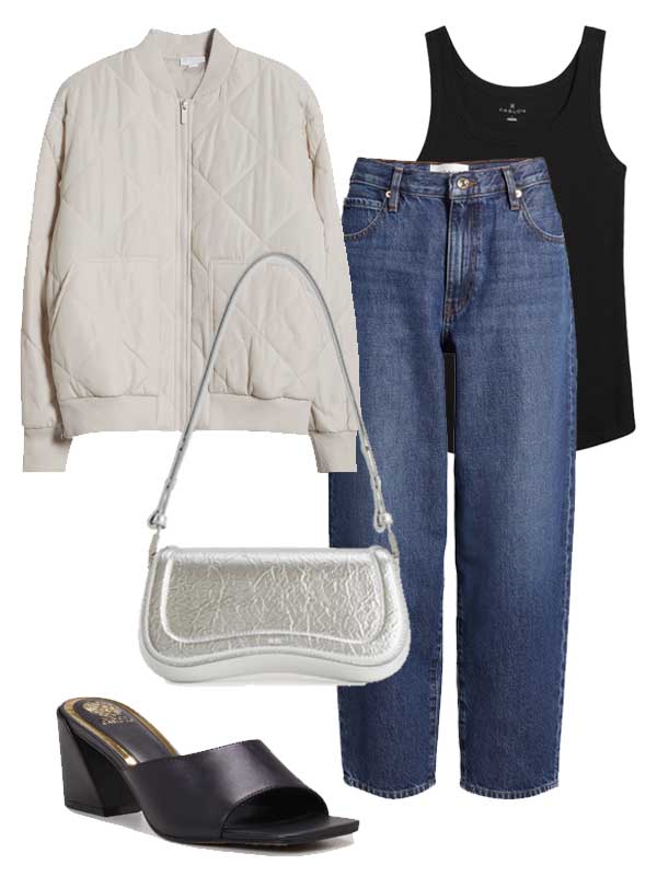 sporty jacket with barrel jeans and heels outfit fountainof30