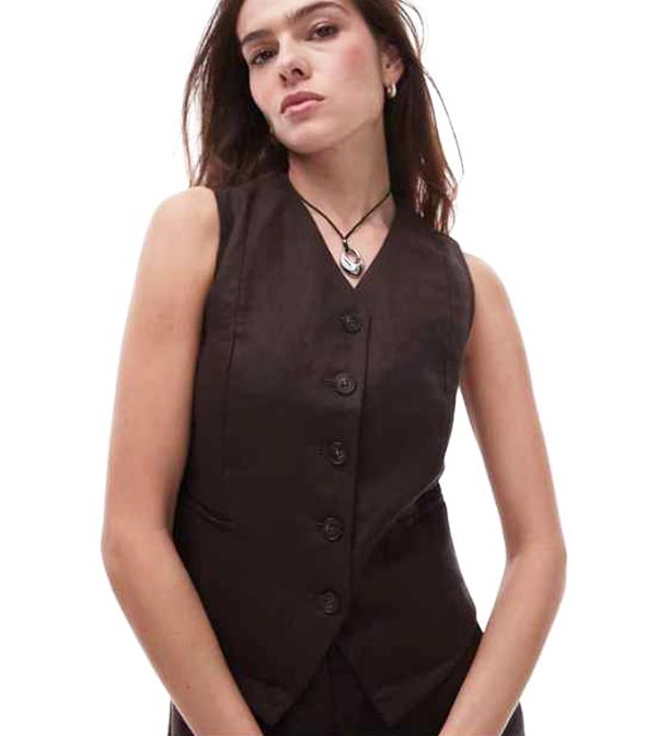 ASOS Fitted Linen Vest in Dark Brown