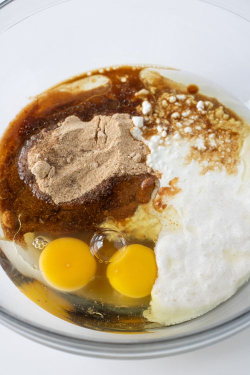 oil, date sugar, maple syrup, vanilla, milk + vinegar, cottage cheese, and eggs.