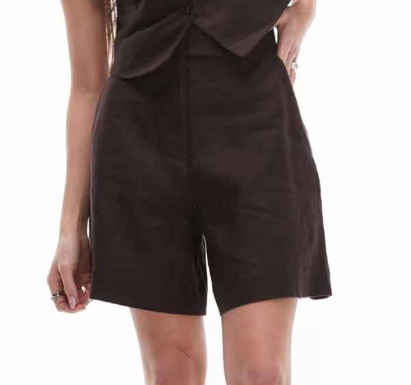 ASOS Linen minimal Bermuda Shorts in Dark Brown