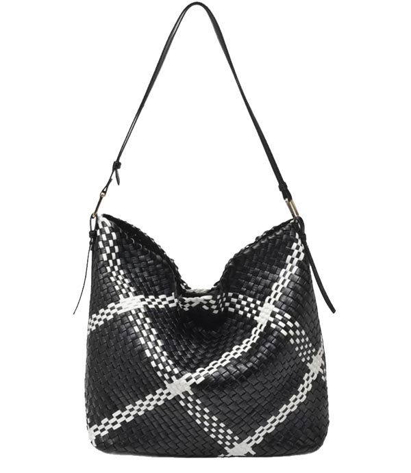 black white plaid woven hobo bag