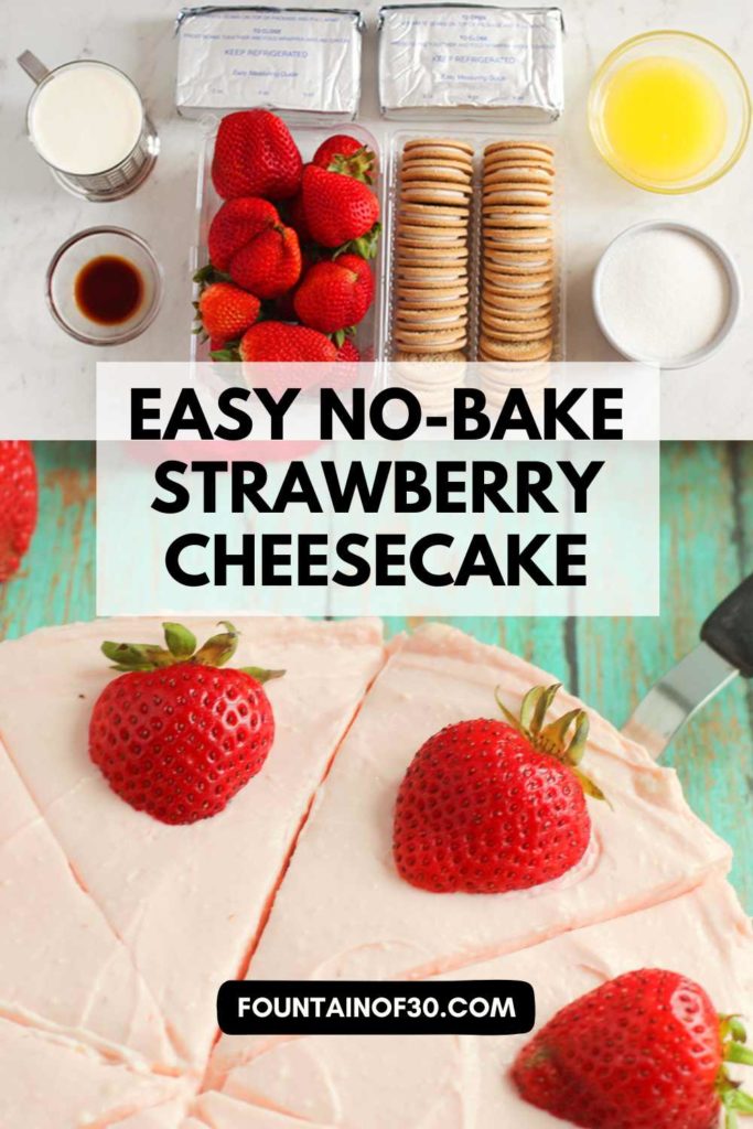 Need an easy dessert for guests? This no-bake strawberry cheesecake comes together with just 7 ingredients and can be made ahead — perfect for entertaining. #easyentertaining #dessertideas #glutenfree