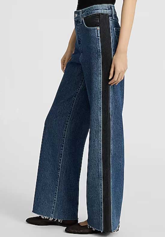Dark Wash Side Stripe Raw Hem Wide Leg Jeans