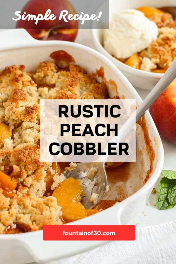 A cozy, no-fuss rustic peach cobbler made with fresh or frozen peaches and topped with a golden, buttery crust. The perfect summer dessert!