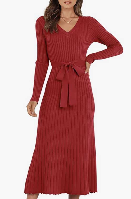 red Long Sleeve A-line Tie Waist Midi Sweater Dresse