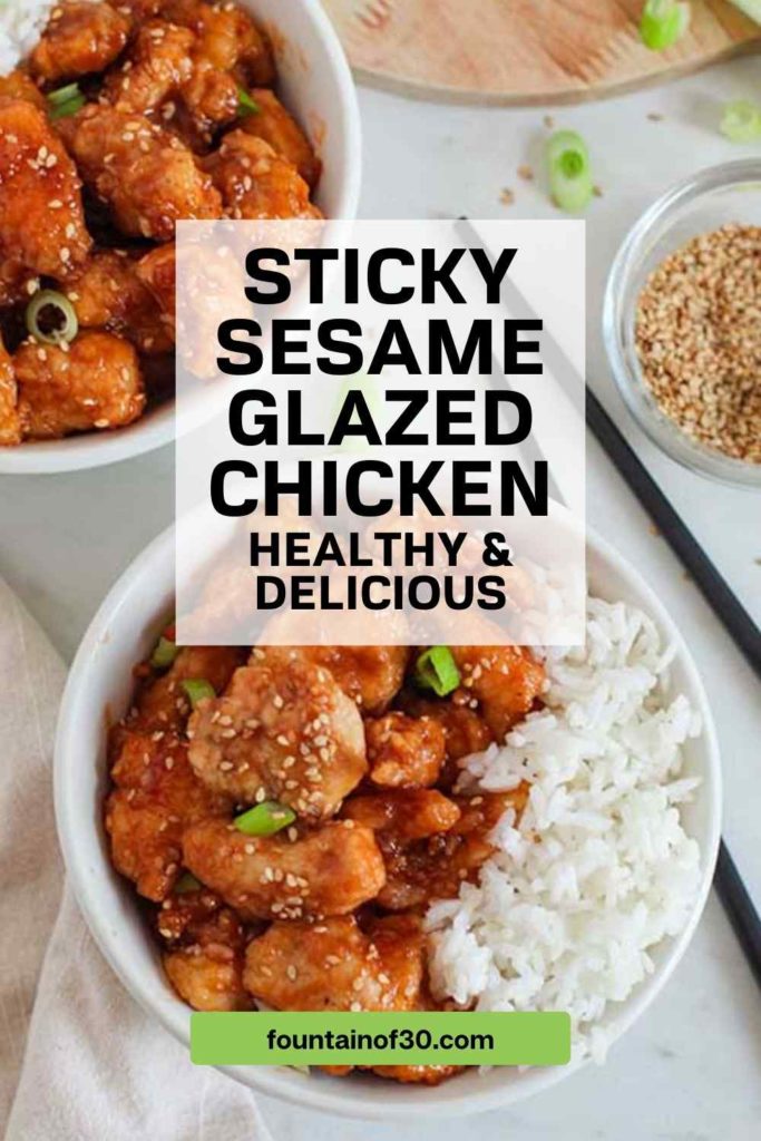 Make this Sticky Sesame Glazed Chicken for a quick, healthy dinner. High-protein, fresh ingredients, and so much flavor! #HealthyEating #EasyDinner #HighProtein #SesameChicken #MealPrep